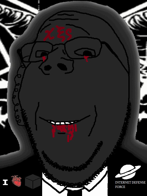 animated black black_cube black_skin blood central_intelligence_agency clothes demon earpiece facial_mark forehead_mark glasses glowie glowing heart i_love mark_of_the_beast necktie satanism saturn smile soyjak stubble subvariant:wholesome_soyjak suit text variant:gapejak // 600x800 // 166.8KB