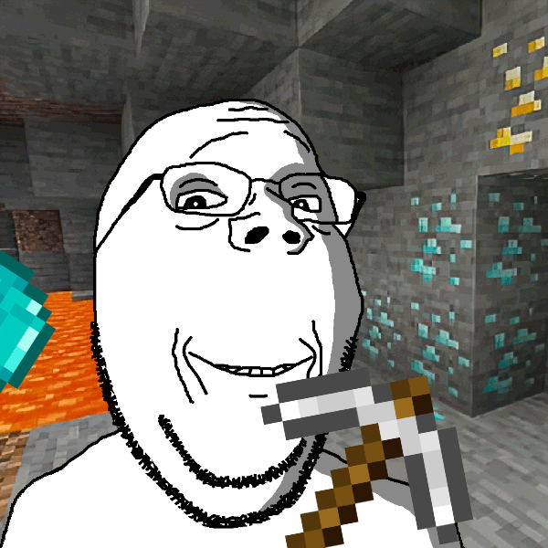 animated cave closed_mouth diamond diamond_(minecraft) gem glasses gold lava minecraft mining ominous pickaxe pickaxe_(minecraft) shadow smile soyjak stone stubble subvariant:wholesome_soyjak variant:gapejak video_game // 600x600 // 636.9KB