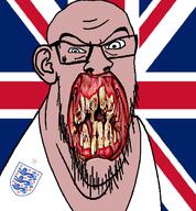 angry british distorted ear flag glasses irl open_mouth rotten_teeth soyjak stubble variant:feraljak white_skin you_were_one_i_ker // 873x941 // 263.8KB