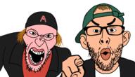 2soyjaks angry backwards_cap brown_hair cap clothes columbine dylan_klebold ear eric_harris glasses hair hand hat jacket open_mouth pointing pointing_at_viewer soyjak stubble thick_eyebrows variant:angry_soyjak variant:nojak white_skin // 2500x1429 // 813.3KB