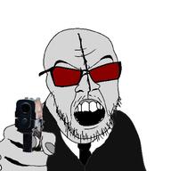 angry clothes glasses grey_skin gun hand holding_object madness_combat necktie open_mouth soyjak stubble suit sunglasses variant:feraljak // 1000x1000 // 184.9KB