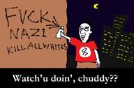 a_wyatt_mann closed_mouth clothes flag:nazi_germany glasses hand moon ms_paint nazism night parody self_victimization spray_paint swastika text tshirt variant:chudjak // 798x525 // 21.6KB