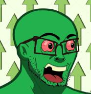 arrow biz_(4chan) glasses green green_skin open_mouth red_eyes soyjak stubble variant:nujak // 976x1010 // 606.6KB