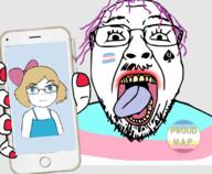 glasses holding_object holding_phone iphone map_(pedophile) neutral open_mouth painted_nails pedophile phone pink_hair queen_of_spades stubble subvariant:soylita tranny transgender_flag variant:bernd variant:gapejak yellow_teeth // 1113x917 // 595.0KB