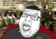 angry clothes fat glasses hat irl_background mcdonalds open_mouth soyjak stubble text variant:hilbert_soyjak // 812x567 // 387.8KB