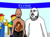 arm banner drawn_background fat fetus gender_reveal glasses grand_theft_auto:_san_andreas lee_goldson open_mouth pregnant sneed soyjak stubble table text the_simpsons variant:fatjak // 480x360 // 58.1KB