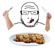 bald cookie fork glasses holding_knife holding_object knife licking_lips plate soyjak stubble subvariant:lawrence tongue variant:markiplier_soyjak // 1509x1313 // 1.0MB