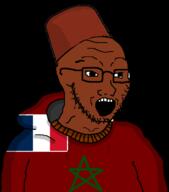 brown_skin clothes colonization country fez flag france glasses hat hoodie morocco open_mouth soyjak star stubble variant:classic_soyjak // 634x720 // 61.3KB