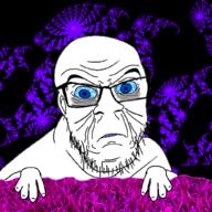 angry blue_eyes blue_sclera closed_mouth drugs ear eye_bags fractal frown glasses grass hand purple_teeth soyjak stubble thrembo variant:feraljak void white_skin wrinkles yellow_teeth // 1024x1024 // 959.9KB