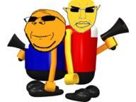 2soyjaks arm bald blue_shirt bonanza_bros closed_mouth clothes ear foot frown full_body glasses gun hand happy holding_object red_shirt sega smile soyjak stubble subvariant:chudjak_front subvariant:wholesome_soyjak sunglasses variant:chudjak variant:gapejak video_game white_background yellow_skin // 1247x935 // 330.4KB