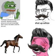 angry anguished beard brown_hair clothes frog glasses green grey_hair hair hand horse mustache neck nietzsche open_mouth pepe philosophy pink_skin shaking socrates soyjak stubble teeth text toga tshirt variant:soyak // 657x671 // 367.2KB