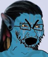 avatar blue blue_skin crying ear glasses hair open_mouth soyjak stubble tv_(4chan) variant:cryboy_soyjak yellow_sclera // 606x720 // 349.0KB