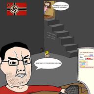 animal black cheese chud clothes computer desk drawn_background fat glasses hair hand incel iron_cross jeans keyboard manlet mother nazism nigger pol_(4chan) rat red russia soyjak stairs stubble swastika sweating text tshirt variant:chudjak variant:impish_soyak_ears white_skin woman // 999x999 // 197.1KB