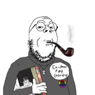 album_cover arm badge closed_mouth clothes death_grips gay glasses hand holding_object i_love king_crimson mu_(4chan) music necklace neutral_milk_hotel nordic pipe round_glasses smoke smoking soyjak stubble text variant:gapejak // 1200x1200 // 498.3KB