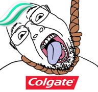 colgate dead glasses hanging open_mouth rope soyjak stubble suicide tongue toothpaste variant:bernd white_teeth // 3072x2876 // 1.3MB