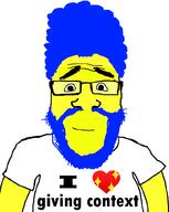 arm beard blue_beard blue_hair calm cartoon closed_mouth clothes context earless forehead_lines forehead_wrinkles glasses hair heart i_heart i_love marge marge_simpson smile soyjak sparkle subvariant:science_lover t-shirt text the_simpsons tshirt variant:markiplier_soyjak white_background yellow_skin // 800x1005 // 100.4KB