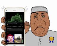 airplane allah angry animal arab arm badge brown_skin closed_mouth clothes frown hand hat holding_object holding_phone immigration iphone islam phone soyjak stubble variant:alicia video yellow_sclera youtube // 898x720, 50.6s // 9.5MB