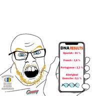 angry arm blue_eyes canary_islands dna glasses hand holding_object holding_phone mustache open_mouth phone soyjak stubble text variant:feraljak yellow_hair // 1378x1378 // 352.0KB