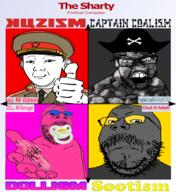 4soyjaks captain_coal carter closed_mouth clothes coal coal_skin collar_tabs communism ear epaulettes glasses grey_skin hammer_and_sickle hand hat meta:tagme military_cap necktie pacifier pink_skin pirate pirate_hat political_compass smile soot soot_colors soviet_army_uniform soyjak soyjak_party stubble text thumbs_up uniform variant:carterjak variant:feraljak variant:gapejak // 1815x1975 // 2.4MB