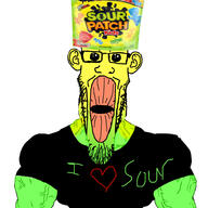 buff candy clothes ear food foodjak glasses green_skin gums i_heart i_love muscles oh_my_god_she_is_so_attractive sour sour_patch_kids stretched_chin stretched_mouth stubble t-shirt tshirt vein white_background yellow_skin // 3464x3464 // 988.8KB