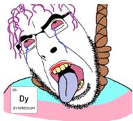 bloodshot_eyes chemistry crying dead dysprosium element flag glasses hair hanging makeup open_mouth purple_hair rope soyjak stubble suicide tongue tranny variant:cobson variant:markiplier_soyjak yellow_teeth // 543x494 // 189.3KB