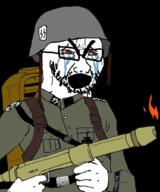arm backpack belt bloodshot_eyes clothes crying fire flamethrower glasses hand helmet holding_object military nazism open_mouth politics schutzstaffel soyjak stubble thick_eyebrows variant:cryboy_soyjak weapon // 851x1024 // 601.4KB