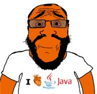 bloodshot_eyes closed_mouth clothes glasses heart java orange_skin programming stubble text tired tshirt variant:science_lover wrinkles // 816x785 // 103.3KB