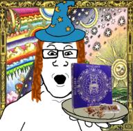 book brown_hair clothes drugs glasses gnosticism hat hermeticism holding_object holding_plate long_hair merge mushroom open_mouth plate psychedelic red_hair shrooms soyjak subvariant:hippiejak variant:markiplier_soyjak variant:platejak wizard wizard_hat // 1366x1350 // 3.1MB
