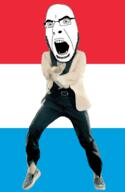 angry animated country dance flag full_body gangnam_style glasses irl luxembourg open_mouth soyjak stubble variant:cobson // 300x460 // 502.5KB
