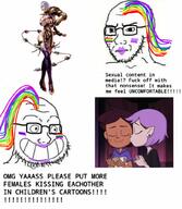 2soyjaks calarts cartoon comic concerned flag frown gaming glasses grin hair hypocrite lips makeup rainbow sexual_content sjw smile so_true soyjak stubble tagme_character_name text tranny variant:classic_soyjak video_game // 889x1024 // 123.4KB