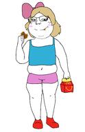 belly blush child chubby clothes cookie fat female femjak glasses hair hair_ribbon hand happy_meal holding_object loli mcdonalds obese sleeveless_shirt smile soyjak subvariant:soylita variant:gapejak yellow_hair // 1600x2470 // 96.0KB