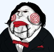 angry bowtie closed_mouth clothes hair jigsaw_(saw) lips obese puppet red_eyes saw saw_(movie) soyjak stubble tuxedo variant:meximutt white_skin // 888x849 // 393.8KB