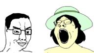 asian closed_mouth clothes glasses hair hat open_mouth smug soyjak subvariant:gapejak_female variant:chudjak variant:gapejak yellow_skin // 1178x663 // 169.1KB