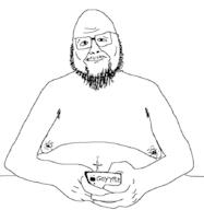 arm beard closed_mouth fat glasses gynaecomastia hand holding_object mustache phone soyjak text variant:unknown // 867x888 // 87.9KB