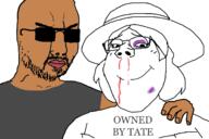 andrew_tate arm blood bruise closed_mouth clothes dress glasses hand hat mutt soyjak stubble subvariant:gapejak_female subvariant:wholesome_soyjak tattoo text tshirt variant:chudjak variant:gapejak youtuber // 1500x1000 // 192.8KB