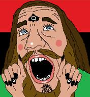 ahegao angry bbc beard blue_eyes blush brown_hair flag hair hand jimmy_davis looking_up meta:low_resolution mustache open_mouth painted_nails pan_african queen_of_spades soyjak tattoo variant:cobson youtuber // 184x200 // 13.9KB