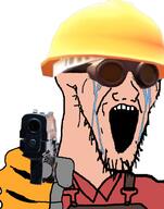 clothes crying engineer glove goggles gun hand hat holding_object open_mouth pointing pointing_at_viewer soyjak stretched_mouth stubble team_fortress_2 variant:classic_soyjak video_game white_skin // 785x1000 // 449.9KB