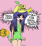 angry anime cap clothes dress food fruit furude_rika glasses hat higurashi lemon open_mouth panties purple_eyes purple_hair soyjak speech_bubble stubble text underpants variant:nojak // 923x1009 // 612.8KB