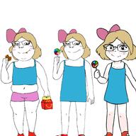 belly blush candy child chubby clothes cookie fat female femjak glasses hair hair_ribbon hand happy_meal holding_lollipop holding_object loli lollipop mcdonalds obese skinny sleeveless_shirt smile soyjak subvariant:soylita variant:gapejak yellow_hair // 1920x1920 // 572.5KB