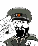 2soyjaks animated arm beard cap clothes communism east_germany german_text germany glasses hand hands_up hat holding_object military necktie open_mouth pointing pointing_at_viewer poyopoyo soyjak stubble text uniform variant:science_lover // 304x365 // 513.6KB