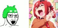 android animated anime beanie clothes gabriel_dropout glasses hat jumping open_mouth ornament satania shaking soyjak stubble technology variant:soyak // 1000x491 // 879.8KB