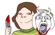 asriel_dreemurr blood brown_hair chara_(undertale) child closed_mouth clothes ear girl glasses goat hair holding_knife holding_object holding_severed_head horn knife murder open_mouth red_eyes severed_head soyjak stubble subvariant:soylita sweater undertale variant:bernd variant:gapejak video_game white_skin yellow_teeth // 1163x753 // 36.0KB