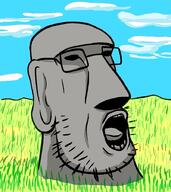 drawn_background ear glasses grass moyai open_mouth pog redraw soyjak statue stubble tongue variant:unknown // 800x900 // 202.5KB