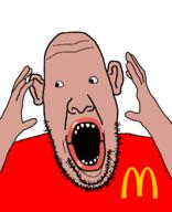 amerimutt arm brown_skin clothes ear looking_to_the_left mcdonalds open_mouth small_eyes soyjak stubble variant:ppp // 1000x1233 // 38.3KB