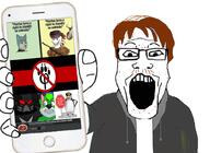acne brown_hair clothes furry glasses hair holding_object mustache open_mouth phone soyjak variant:markiplier_soyjak // 926x674 // 413.2KB