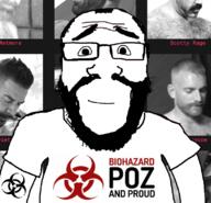 aids beard biohazard closed_mouth clothes gay glasses irl smile soyjak subvariant:science_lover tattoo text tshirt variant:markiplier_soyjak // 816x785 // 321.5KB