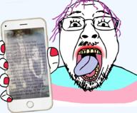 flag glasses hair hand holding_object holding_phone iphone lipstick open_mouth painted_nails pedophile phone purple_hair sneed sneedville soyjak stubble tongue tranny tv_(4chan) variant:bernd yellow_teeth // 921x763 // 505.7KB