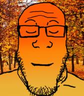 autumn calm closed_eyes closed_mouth glasses irl_background orange_skin smile soyjak stubble variant:markiplier_soyjak warm // 878x1000 // 1.1MB