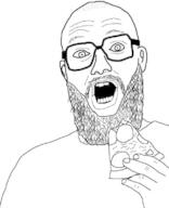 balding beard clothes ear food glasses hand holding_object open_mouth pizza soyjak variant:unknown // 640x788 // 56.4KB