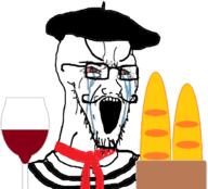 baguette beret bloodshot_eyes bread clothes crying france glass glasses hat large_eyebrows mustache open_mouth scarf soyjak stretched_mouth stubble variant:soyak wine // 1313x1193 // 300.1KB